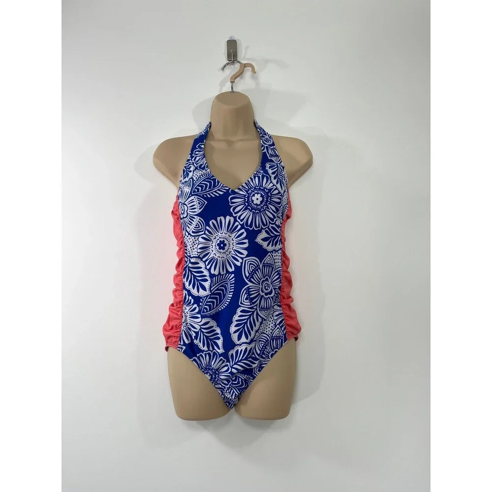 Cleanwater Blue & White Floral One-Piece Swimsuit ~ Size L